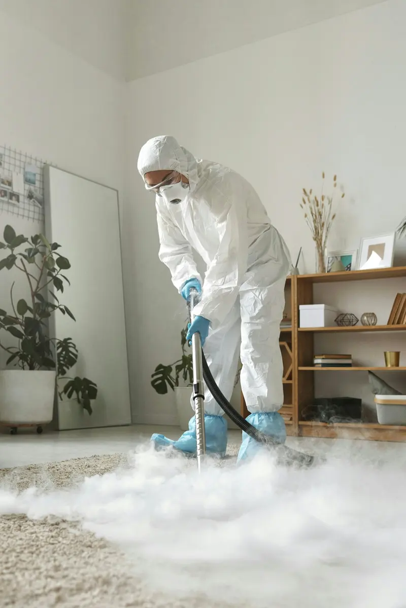 Profissional com roupa de proteção limpando um tapete com vapor